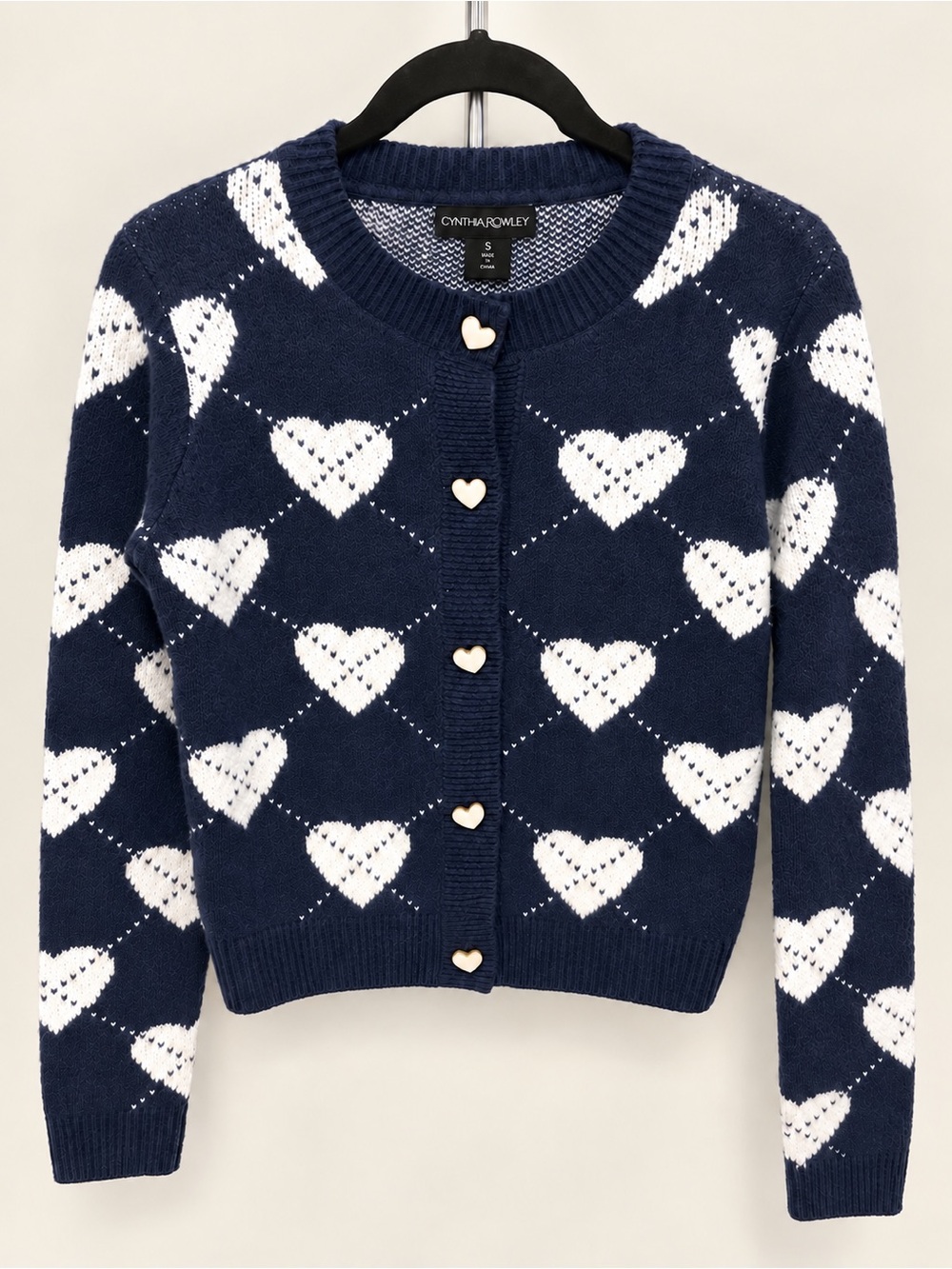 Cynthia Rowley Navy and White Heart Knit Cardigan Womens Size Small NWOT